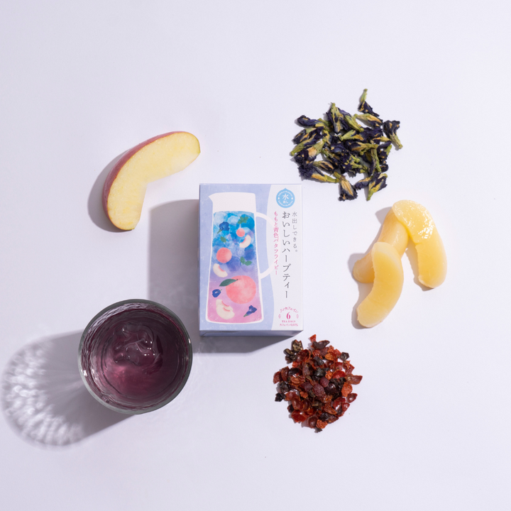 Can be brewed in water. Delicious herbal tea, peach and blue butterfly pea tea bags